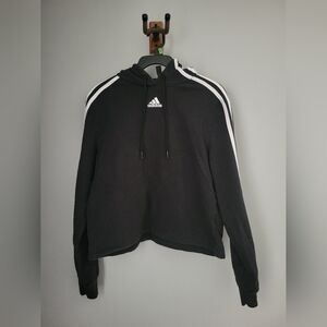Adidas Cropped Hoodie Womens Size M Black 3 Stripes
